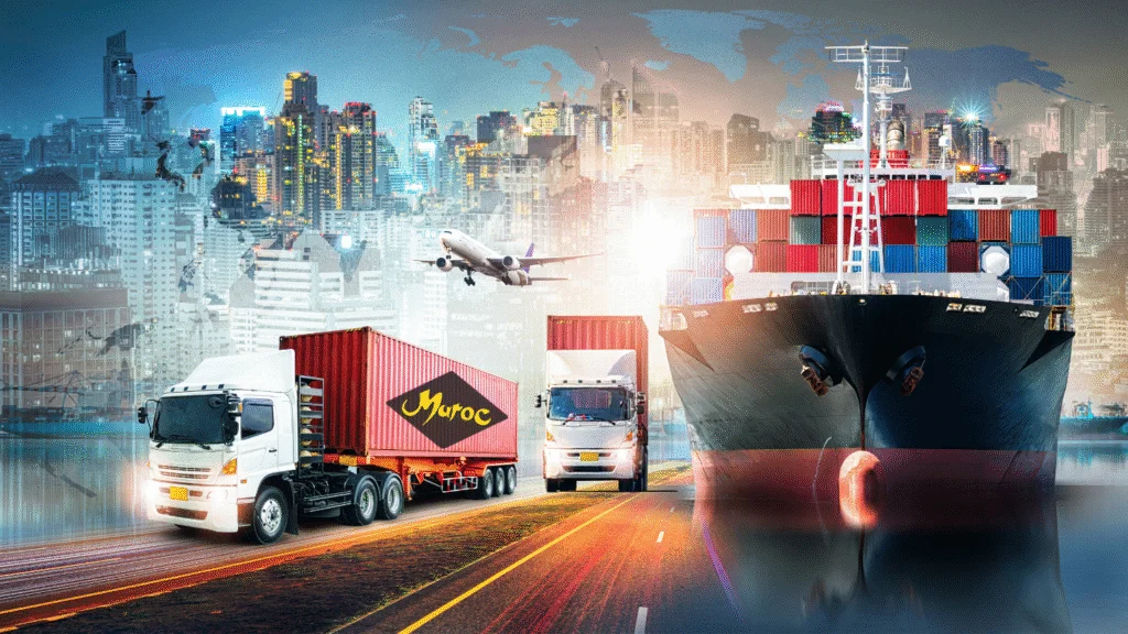 Transport et logistique export — camions frigorifiques, avion et conteneurs
